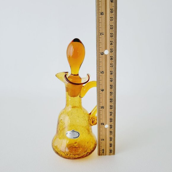 Hand Blown Amber Crackle Glass Cruet by Rainbow, Vintage Yellow Vinegar Bottle - Picture 9 of 14